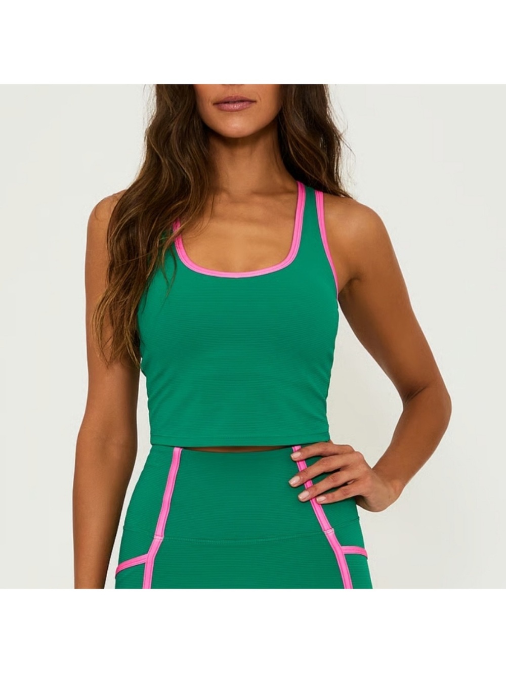 Beach Riot Green Crop Sports Set with Pink Trim